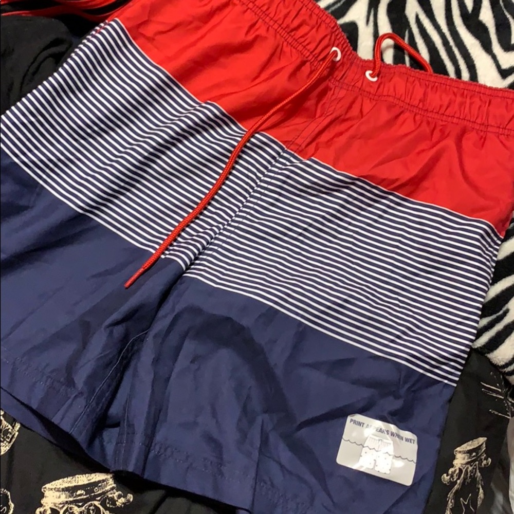 Red white and blue (printed when wet) swim trunks